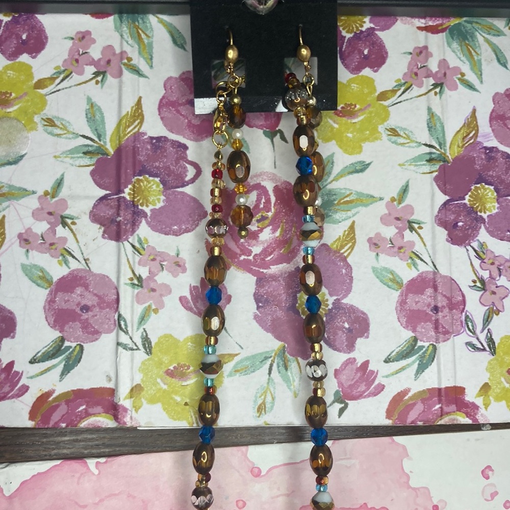 Gold, blue, copper etc necklace and earring set